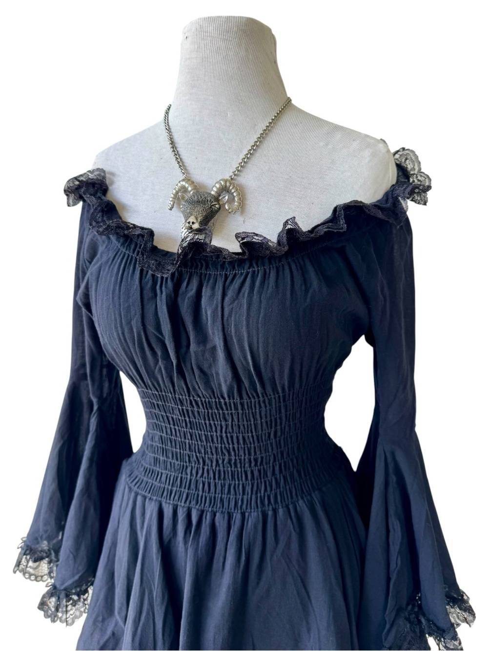 Pyramid Collection Black Asymmetrical Dress Sz S Bell Sleeve Goth Witch Vamp - Picture 4 of 8